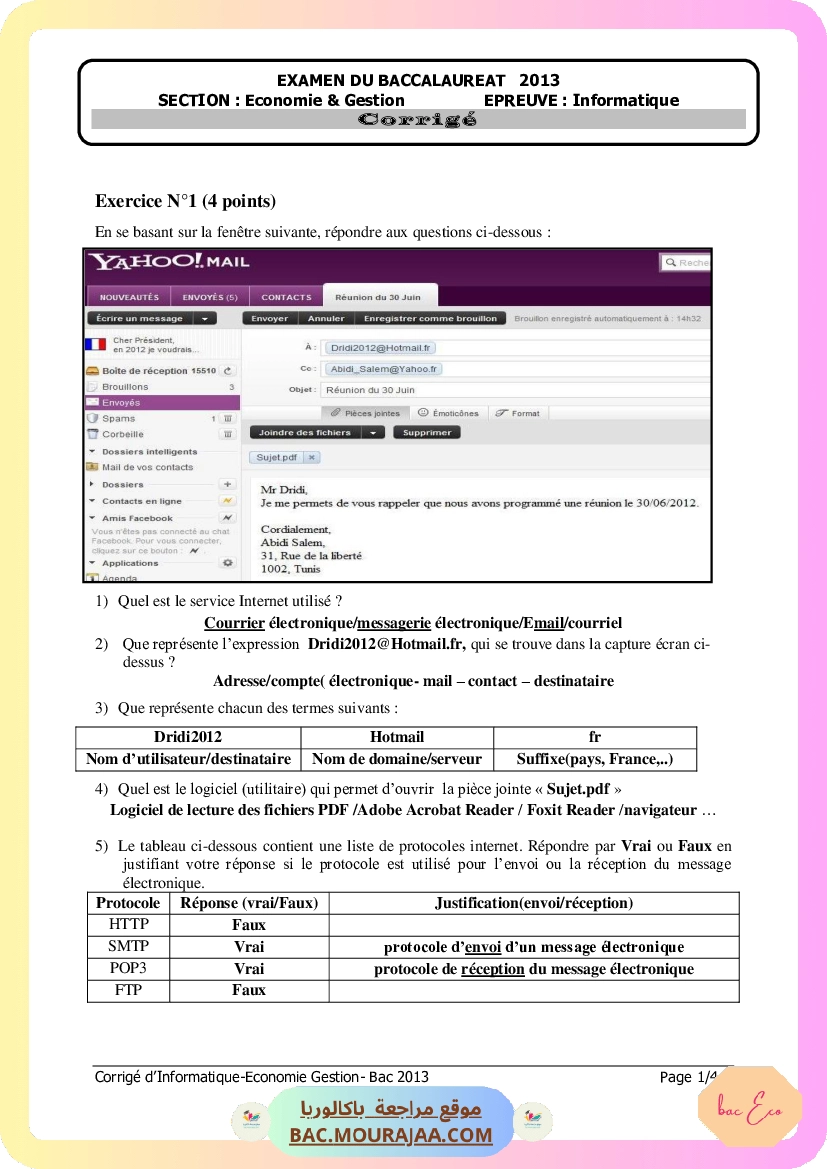 Corrigé principale info Bac 2013 – Section eco